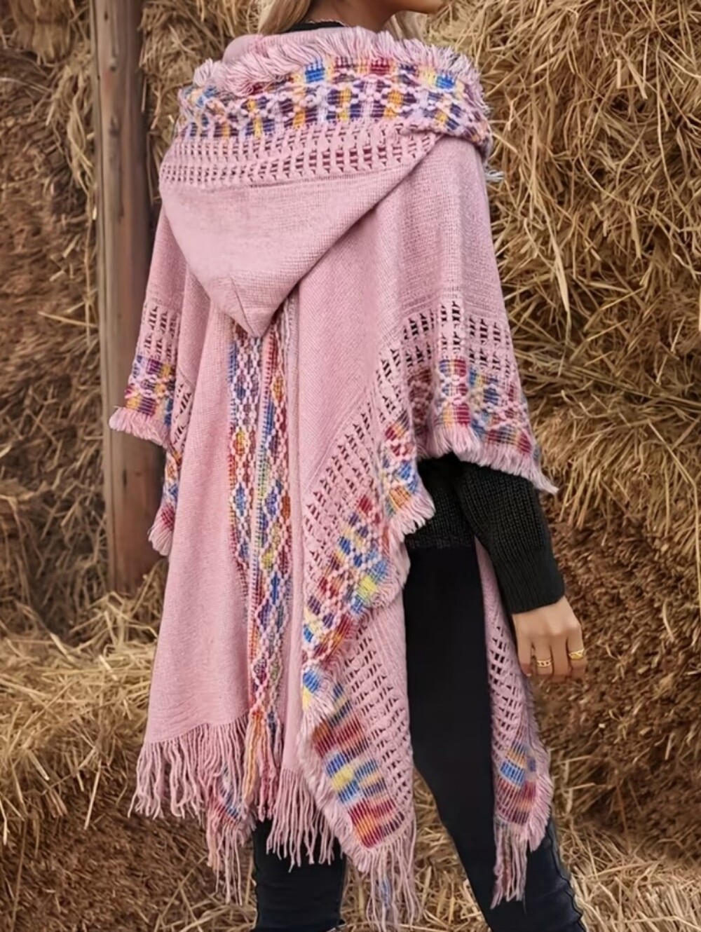 Pink Fringe Boho Knit Shawl Hoodie with Multicolor Trim - Picture 2 of 8